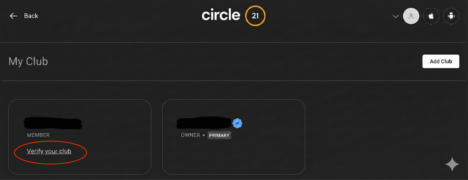 Circle21: Club verifizieren, Schritt 1